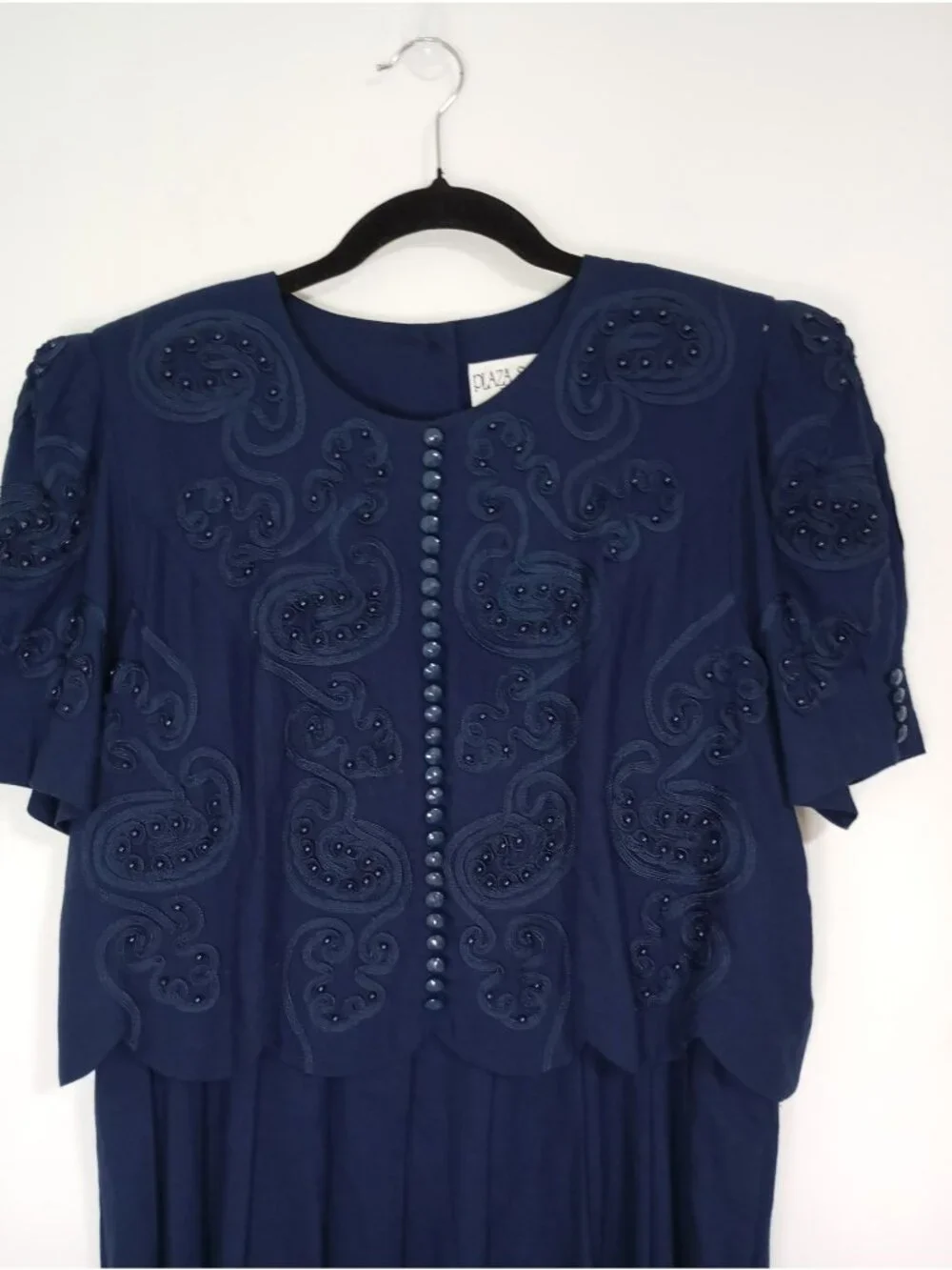 Vintage Plaza South Petites Navy Blue Embellished Dress Button Details Size 12